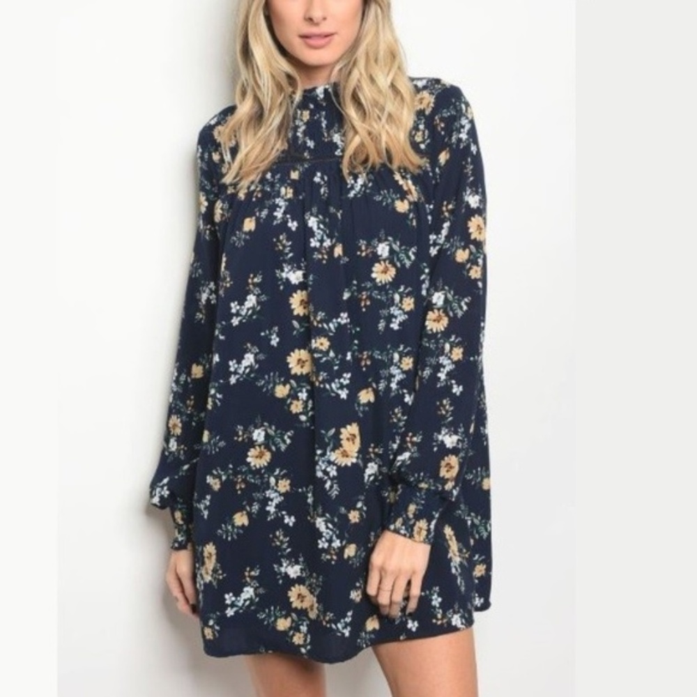 Navy Floral Print Long Sleeve Mini Shift Dress